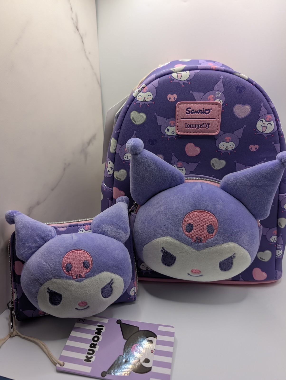 Loungefly Kuromi Hearts Plush Mini Backpack with Matching Wallet  