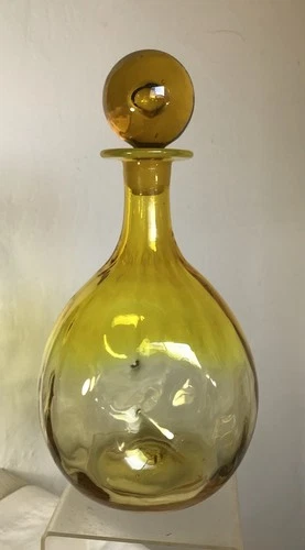 VINTAGE BLENKO GLASS DECANTER #6915 OPTIC PINCHED JOEL MYERS LEMON YELLOW 12"