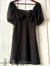 Missguided Black Mini Dress Square Neck Puff Sleeves Zip Polyester UK 10