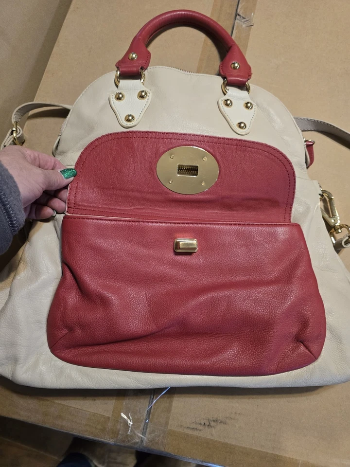 EMMA FOX Beige Red Leather Strap & Top Handle Foldover Handbag  Purse Travel  - Image 3 of 4