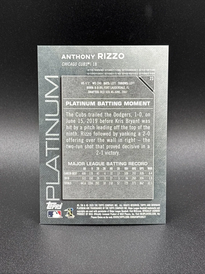 Anthony Rizzo Teal /299 - 2020 Bowman Platinum - Chicago Cubs Legend - Image 2 of 2
