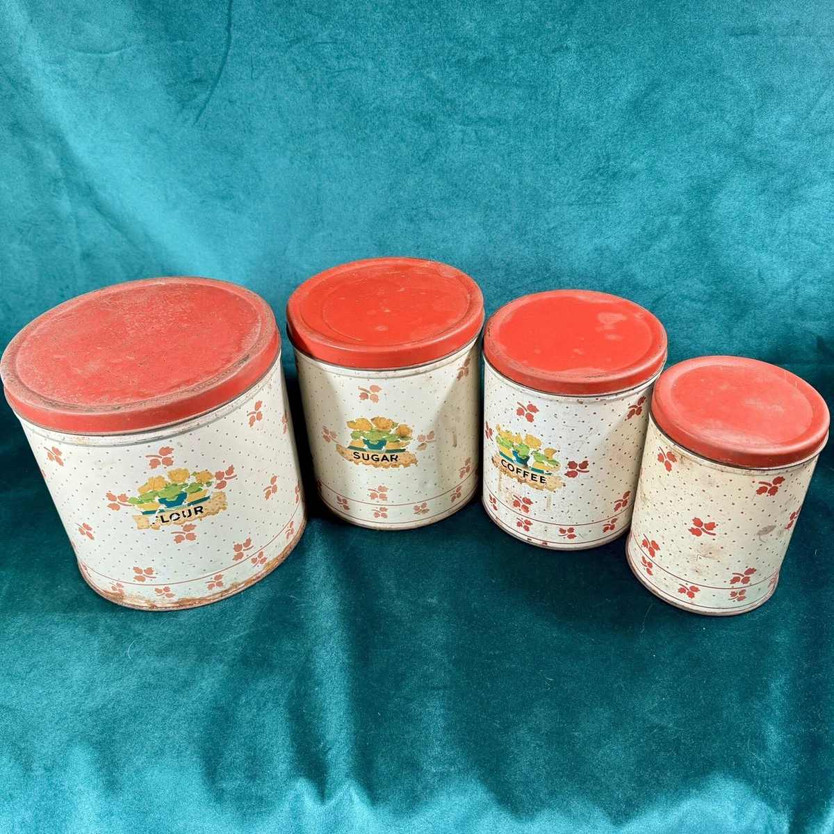 Vintage Tin Canister Set In Collectible Metal Kitchen Canisters