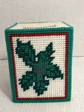 Vintage Tissue Box Cover Handmade Needlepoint Christmas Holly Leaves Plastic