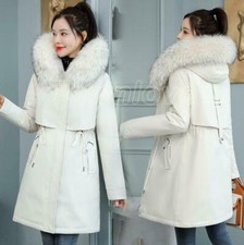 Women's Fur Trim Hooded Solid Mid Length Fleece Lined Winter Warm Parka Coat New