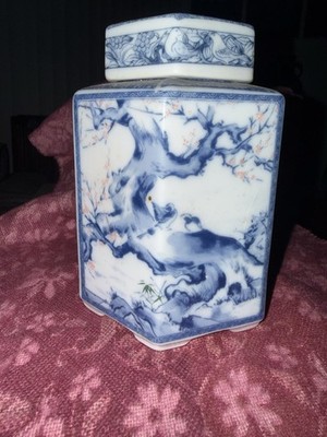 Vintage Japanese Blue & White Porcelain Hexagonal Tea Caddy Ginger Jar w/ Lid