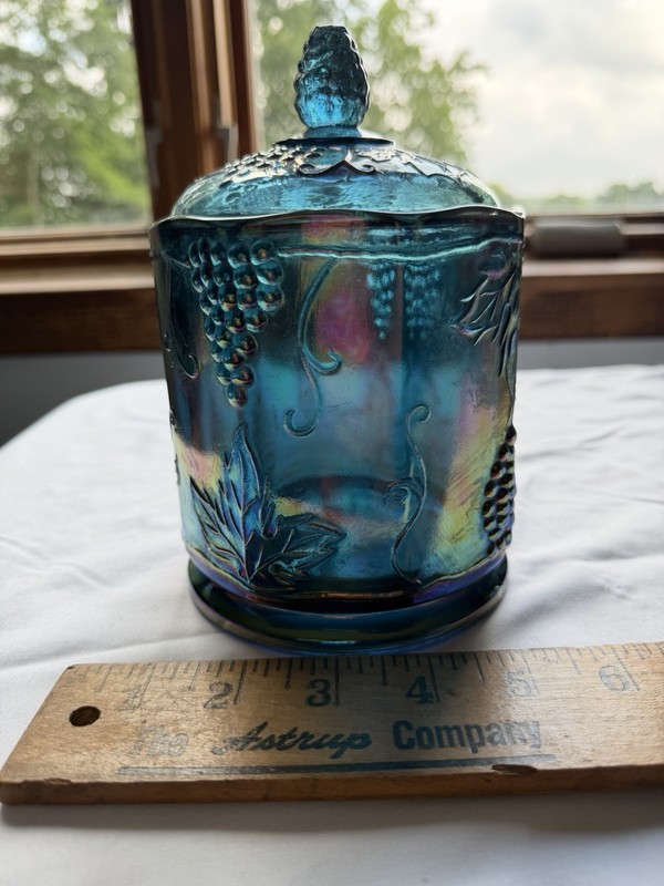 VTG Indiana Glass Harvest Grape Iridescent Blue Carnival Glass Lidded Jar 1970's