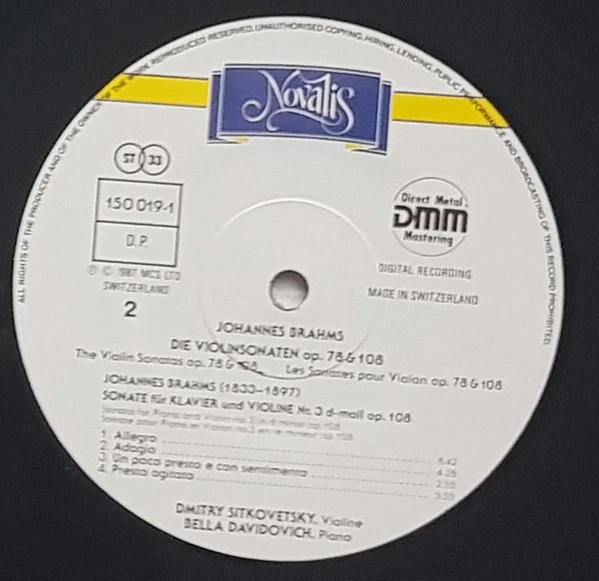 Johannes Brahms, Bella Davidovich, Dmitry Sitkovets LP Album Schallplatte 208399 - Bild 2 von 4