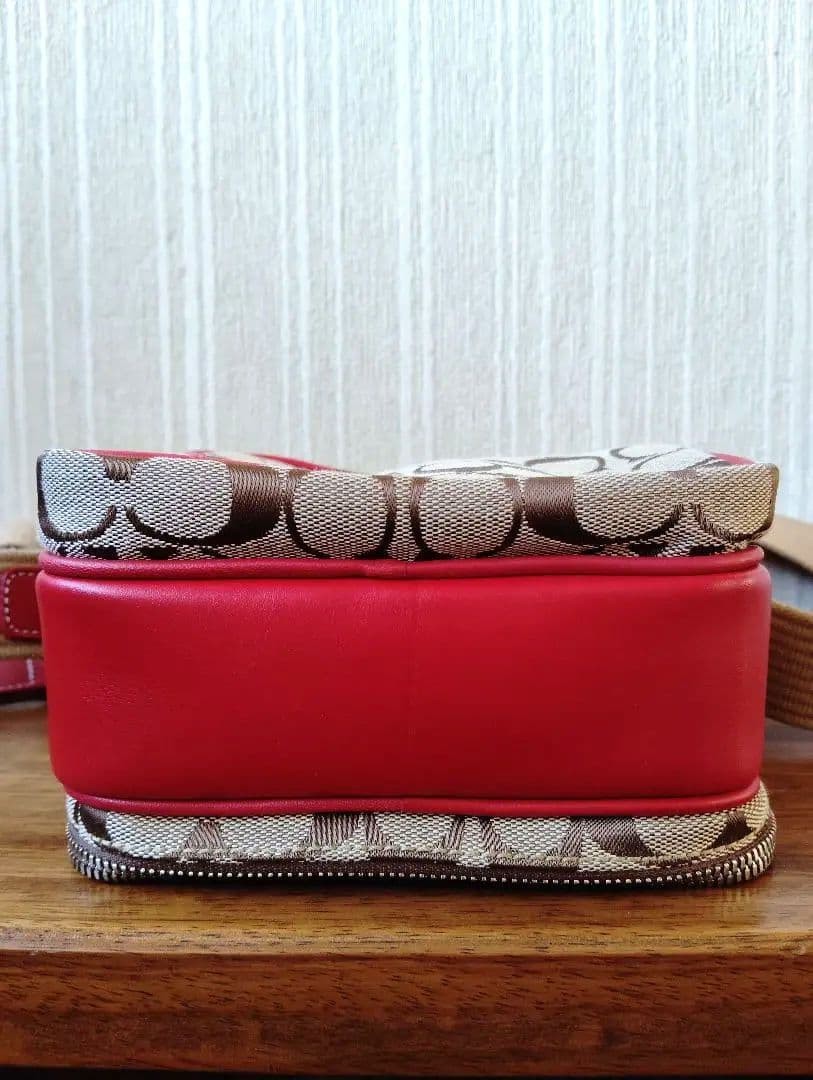 COACH Signature Canvas Red Crossbody Bag Leather Trim Women's Authentic image 6