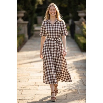 NWT Chartou Gingham Cottagecore Cotton Shirt Dress Midi Button Front Peasant S
