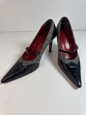 Carlo Alberto Tweed Woven Handmade 7.5 High Heel Kitten Shoes Retro Faux-croc