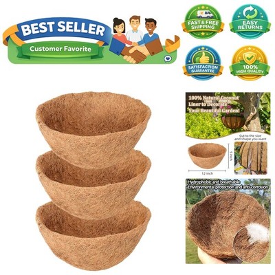 3 Pack 12 Inch Hanging Basket Coco Liners Replacement, 100% Natural Round Coc...
