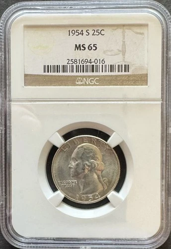 1954-S  Washington Silver Quarter NGC MS65   Free US Shipping