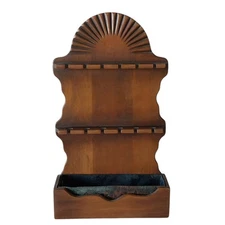 Vtg Wood 12 Spoon Display Rack w/ Copper Planter Box Wall/ Standing Country Core