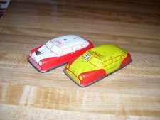 Pair of Vintage Tin Toy Cars Taxi  Fire Chief