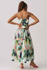Farm Rio Tie Back Dress Anthropologie Square Neck Tiered Tropical Green XL NEW