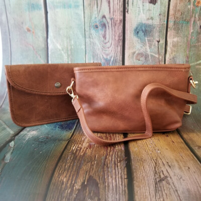 NEW/Never Used! Small Brown Faux Leather Purse w/Strap and Bonus Document Pouch