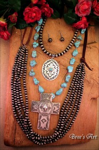 Western-Big-Silver-Cross-Navajo-Style-Beads-Concho-Pendant-Necklace-Combo-Set