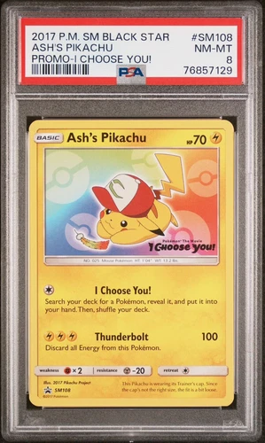 PSA 8 Ash's Pikachu Black Star Promo I Choose You! 2017 Pokemon #SM108