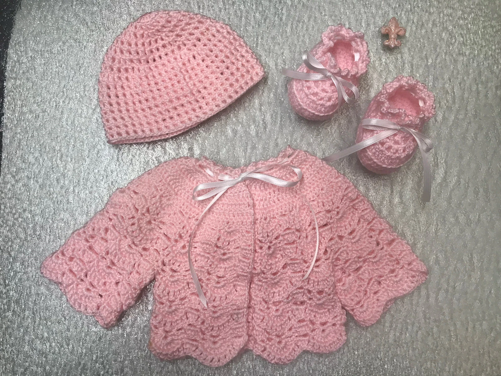 Baby Booties , Jacket & Bonnet Crochet Handmade Premie Newborn Gift 0-3 Months