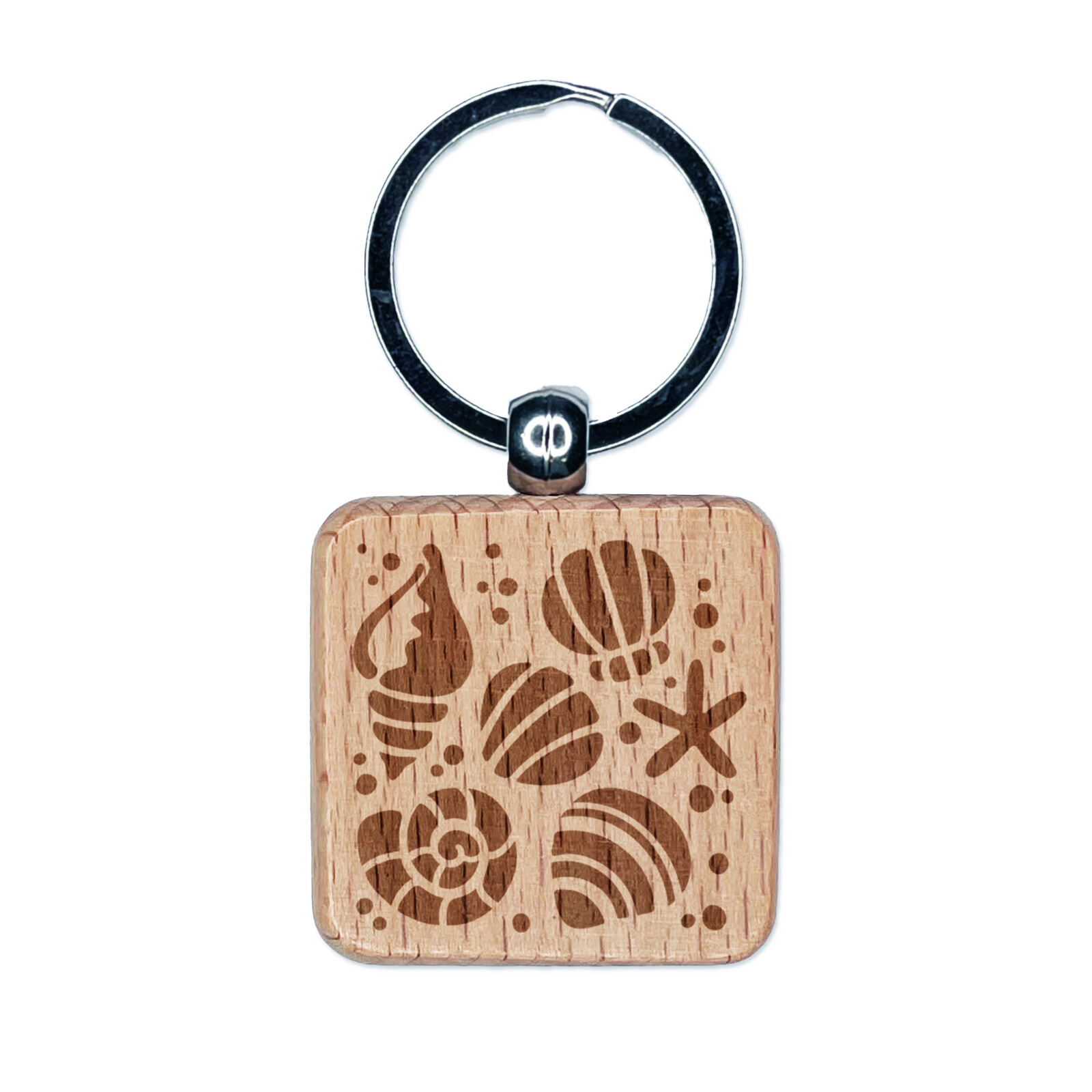Seashells and Starfish Engraved Wood Square Keychain Tag Charm
