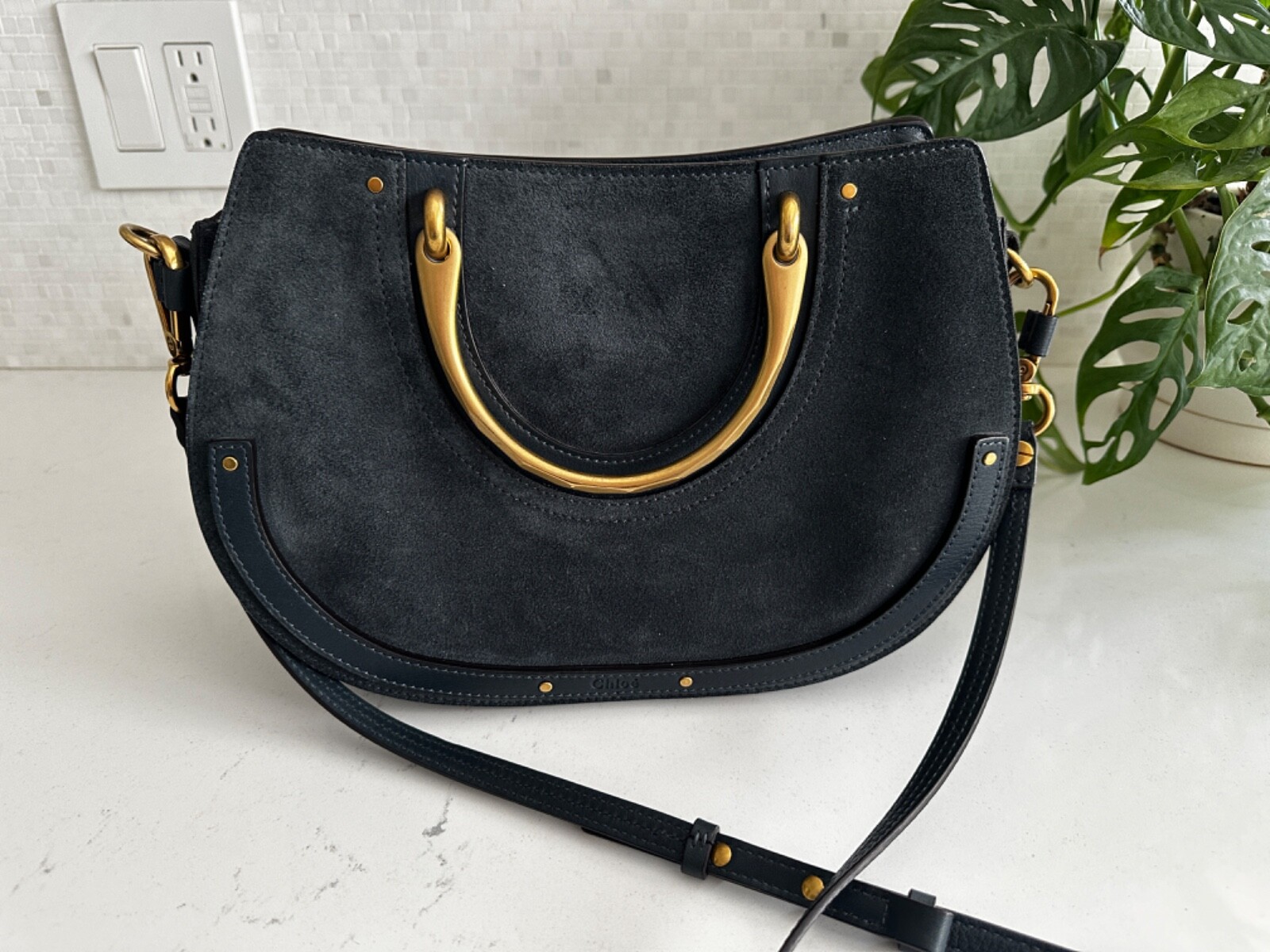 Chloe Pixie Medium Suede Leather Handbag - Navy w… - image 1