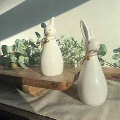 Weißer Keramik Osterhase Ornament 2er Set Hasen Gold Details Osterdeko