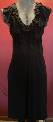 SALE!【BCBG MAXAZRIA】Ruffle Midi Cocktail Dress BCBG Max Azria Womens Black Ruffled V Neck Midi Cocktail