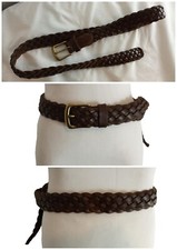 Vintage Braided Genuine Leather Belt Brass Buckle EUC Adjustable