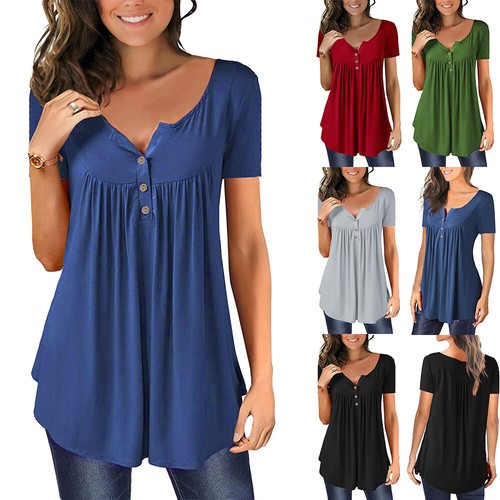 Women Short Sleeve Blouse Solid Summer T Shirt Casual Loose Tunic Tops Plus Size