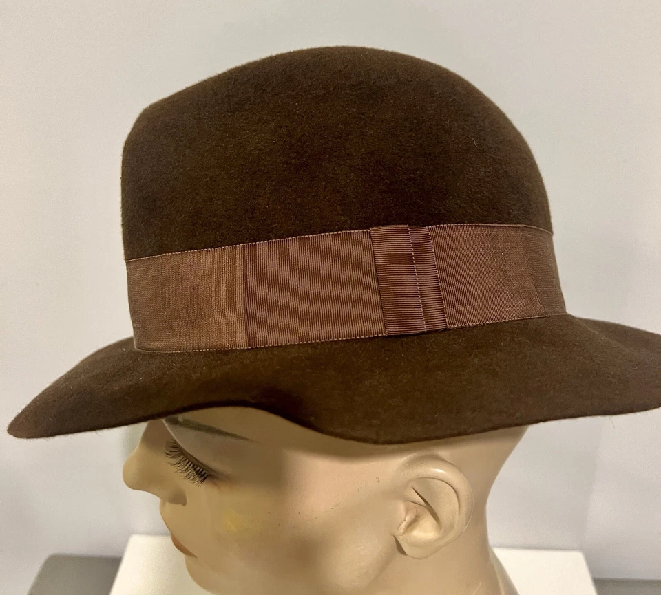 YSL Vintage Años 70 Delicioso Chocolate Marrón Terciopelo Piel Fieltro Fedora Talla S 55cm Foto 4 de 4