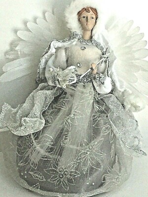 Bisque Head Gray Dress White Faux Fur Trim Cape  Christmas Angel Tree Topper 