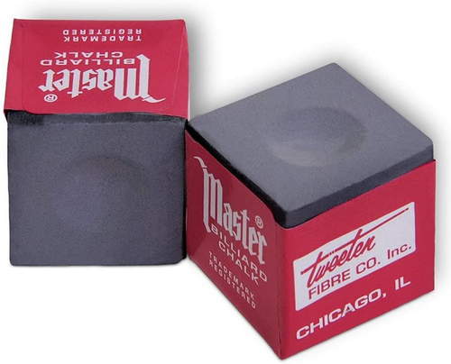 White rectangular Master Billiard Pool Cue Chalk box with black/gray chalk cube, red/blue branding, and “Made in the USA” text.