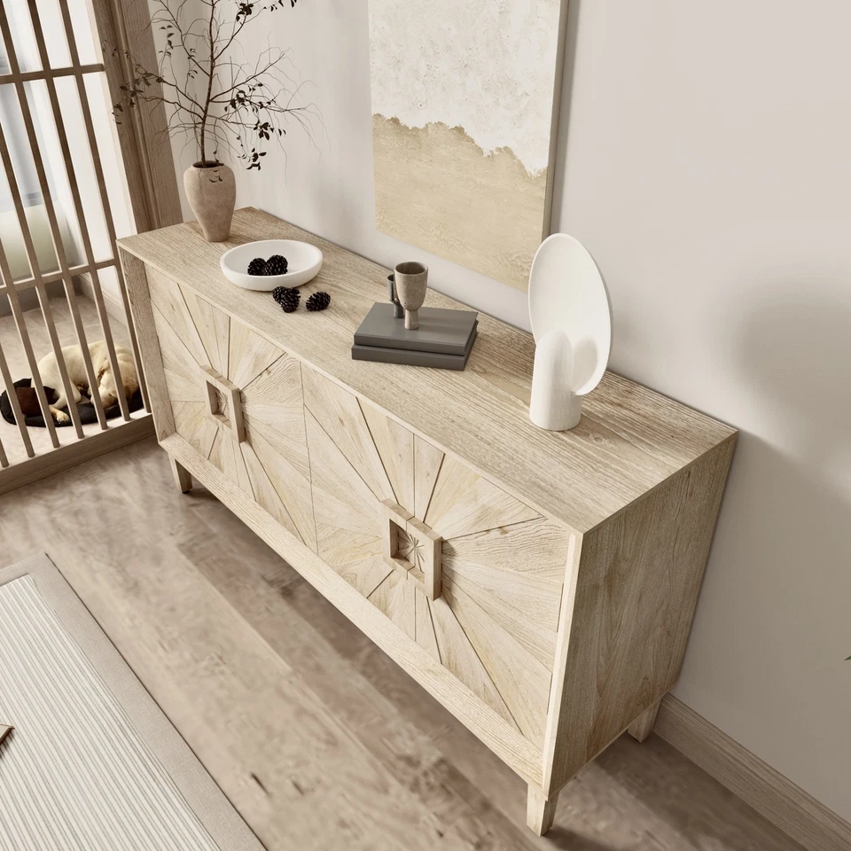 60'' Rustic Credenza Heavy-Duty Wood TV Stand Storage Cabinet for Living Room - Image 3 of 4