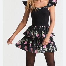 LoveShackFancy SZ 6 The Sanam Black mini tiered Dress with Pink Floral Pattern