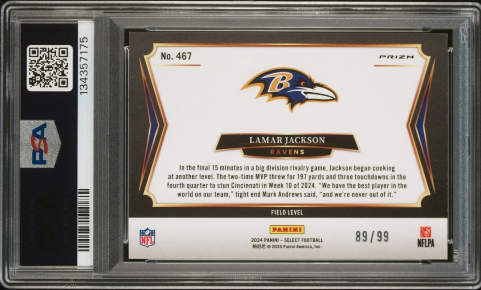 2024 LAMAR JACKSON PSA 9 PANINI SELECT TRI COLOR PRIZM BALTIMORE RAVENS /99  view 2