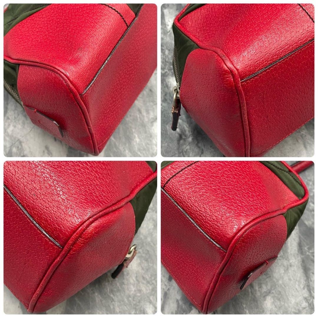 PRADA Women's Boston Bag Handbag Nylon Leather Khaki Red Used Authentic thumbnail 6