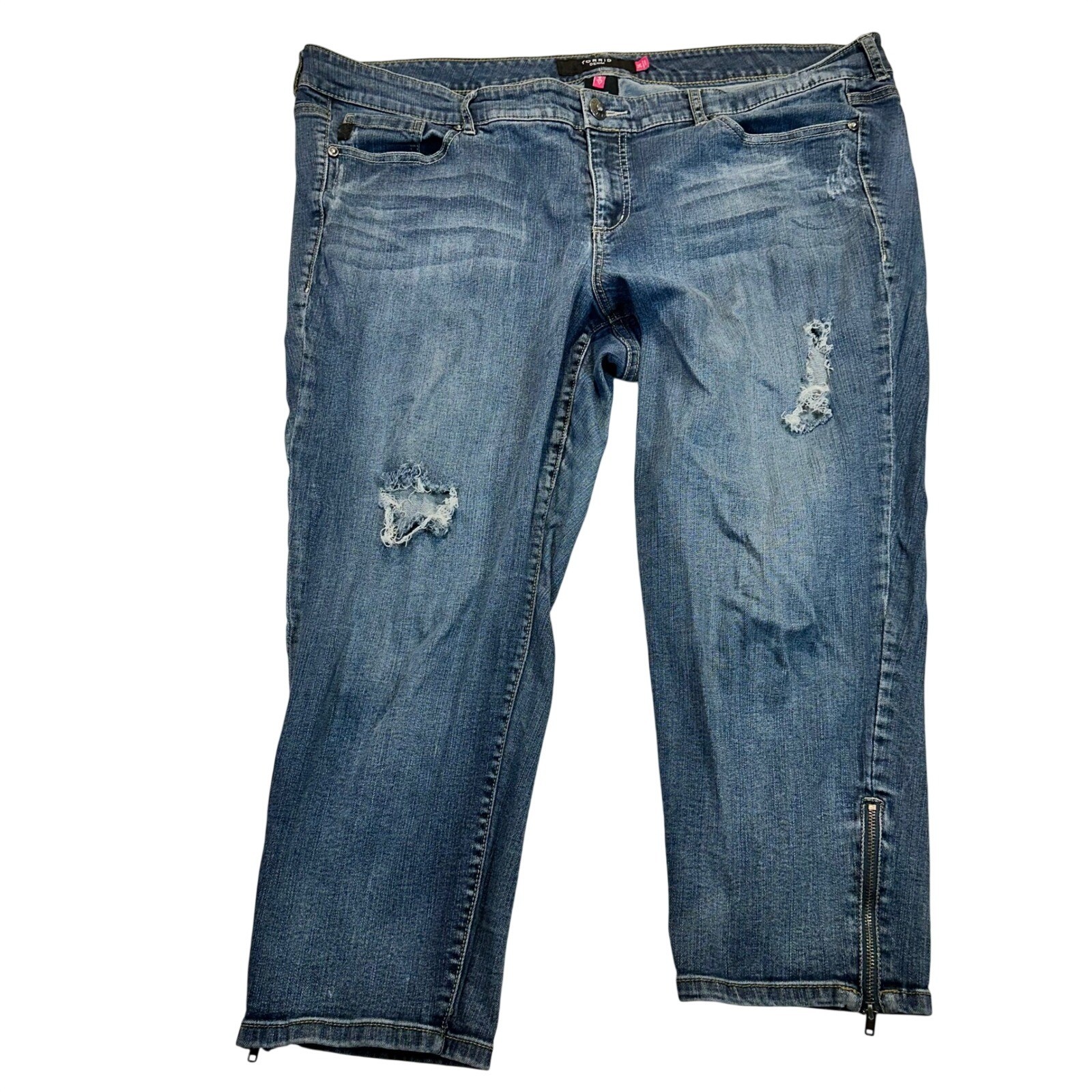 Torrid Denim Womens 24 Distressed Cropped Jeans Medium Wash Ankle Zip Capris
