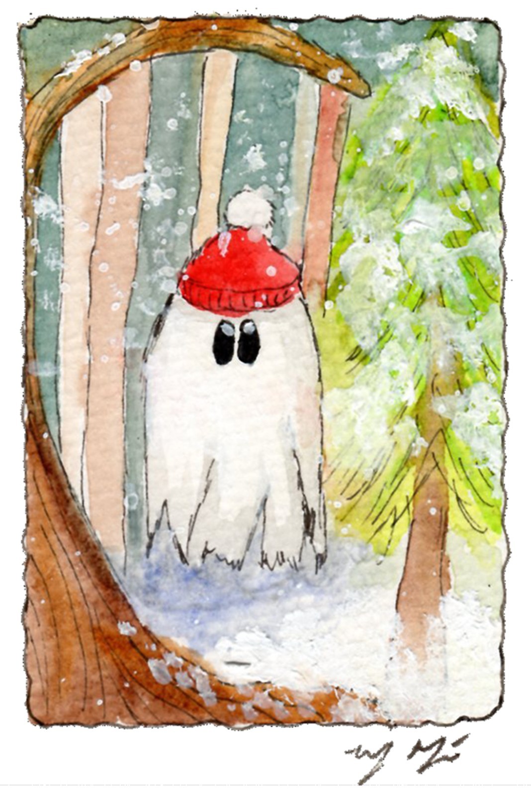 Cute Winter Ghost ACEO Art Print – Whimsical Snow Forest Mini 2.5x3.5