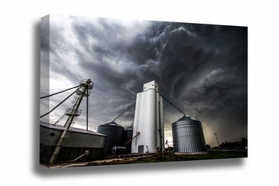 Grain Elevator Canvas Wall Art: Kansas Stormy Sky Storm Clouds Rural Small Town