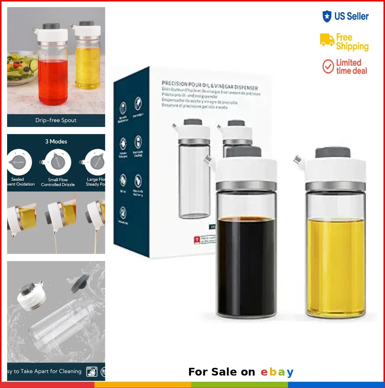 Glass Oil Dispenser 2 Pack 12 Oz Drip Free Spout Borosilicate Stainless Steel