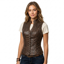 Womens Brown Leather Vest Corset Steampunk Waistcoat Lace Up Ren Faire Top