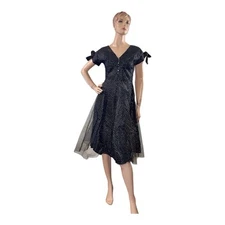 NOS Vintage 1950s Black Metallic Netting Fit & Flare Side Zip Prom Party Dress S