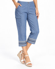 Chico's Women's Cargo Capri Pants Blue Embroidered Hem Size 0