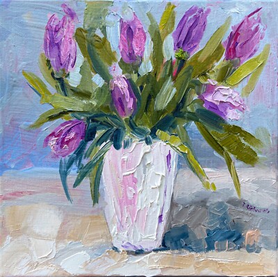 Oil painting Tulip ORIGINAL art Flower artwork Floral textured wall art 10x10''