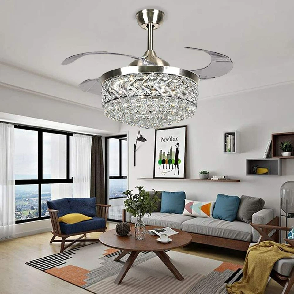 Modern 42" Crystal Chandeliers Remote Invisible Ceiling Fan w/LED Light Fixtures - Image 2 of 4