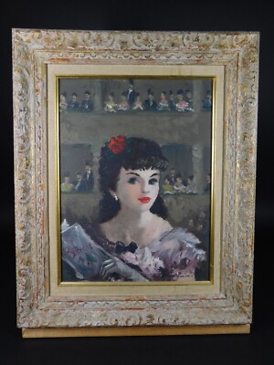 1950s M Valmain Framed French Oil Painting of Belle Epoque Girl at Paris Opera
