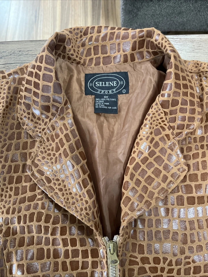 Selene Sport women's lined blazer jacket faux snake skin zip up size 16W Brown Foto 3 de 4