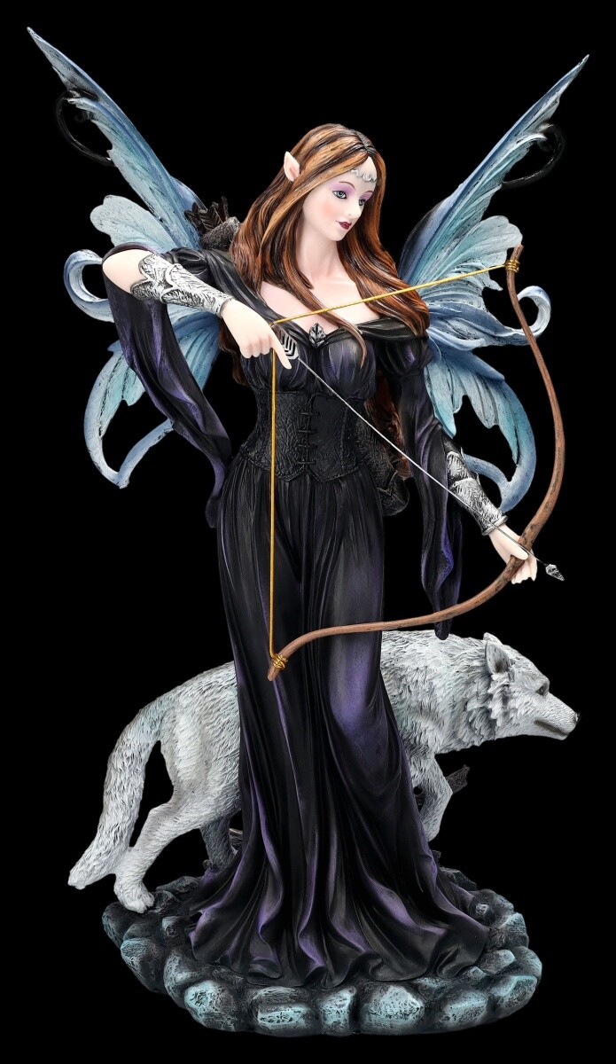Elves Figurine - Amora With Arch And Wolf - Fantasy Fairies Deco
