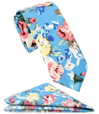 Mens Cotton Skinny Blue Floral Tie Combo Set with Pocket Square