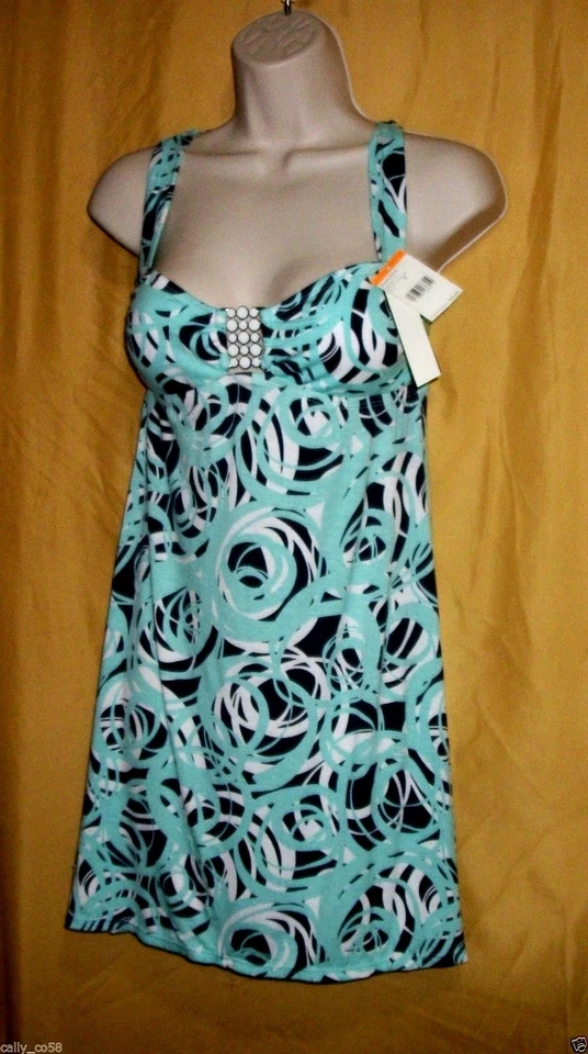 Perry Ellis Mujer Aqua Azul Marino Blanco Traje De Baño Encubrimiento Sol Vestido Acolchado Top S $90 Foto 3 de 4